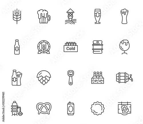 Beer line vector icon set. Barrel brewery bottle alcohol drink set. Beer brew can hop design illustration.