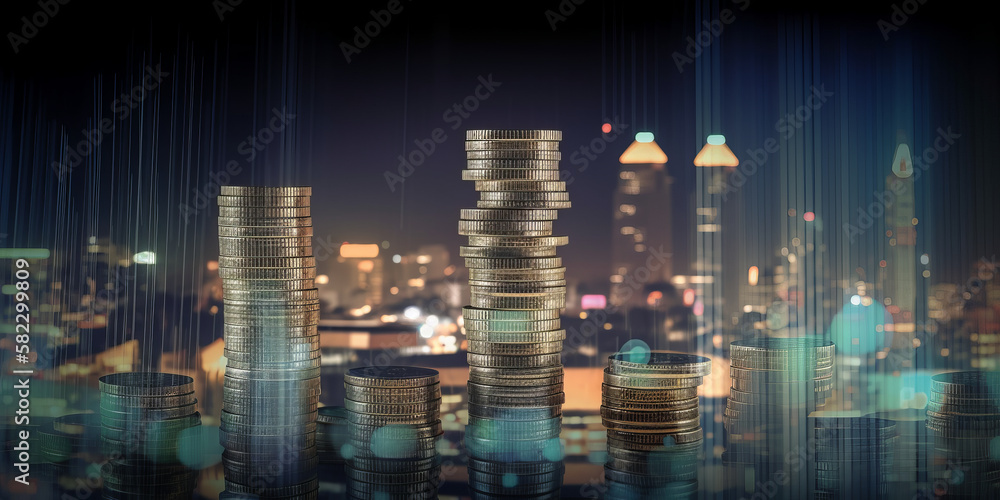 notion of financial investing For a financial investor, a double exposure of a city at night and heap of coins, Cryptocurrency, the digital economy, candlestick charts for forex trading Generative AI