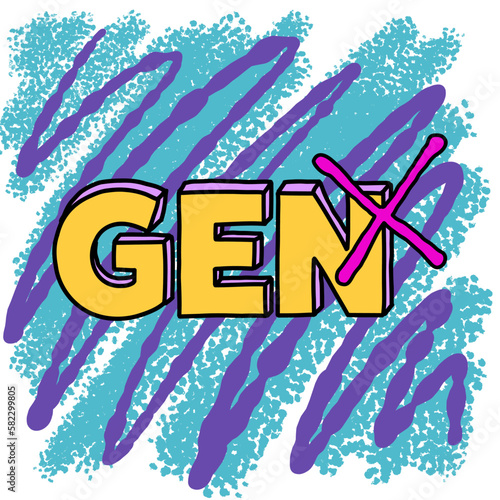 Gen X, 80's Cartoon retro logo with teal and purple spray paint background