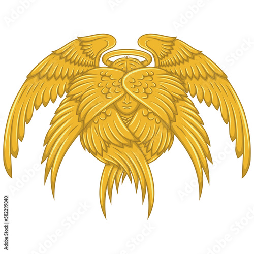 Vector design of seraph with six wings, angelic face of catholic religion, archangel with halo and feathers