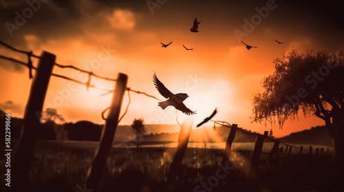 Free bird silhouette flying and taking in the scenery against a sunset background. - Generative AI © Bartek