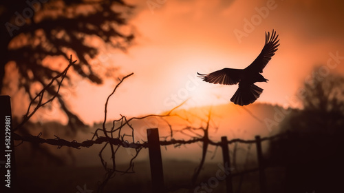 Free bird silhouette flying and taking in the scenery against a sunset background. hope concept wallpaper. - Generative AI © Bartek