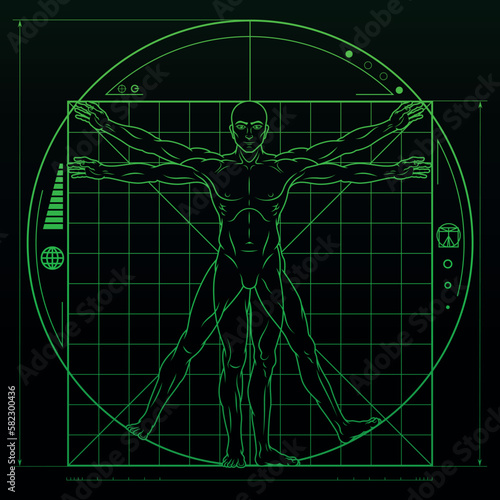 Vector design of cartoon style Vitruvian man, Study of the ideal proportions of the human body, Canon of human proportions with science fiction background