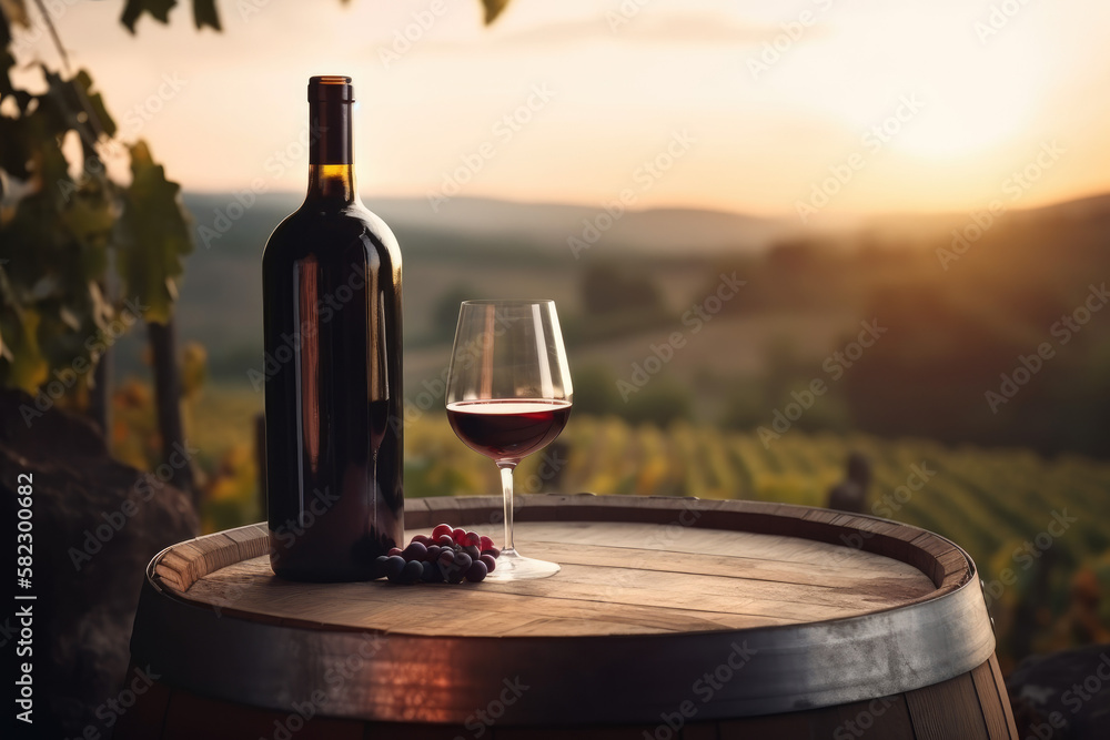 Red wine bottle, wine glass and wodden barrel with Italy Tuscany vineyard background created with AI