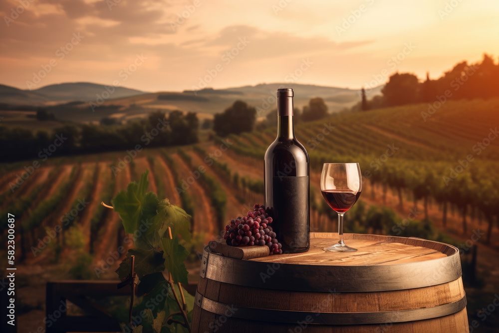 Red wine bottle, wine glass and wodden barrel with Italy Tuscany vineyard background created with AI