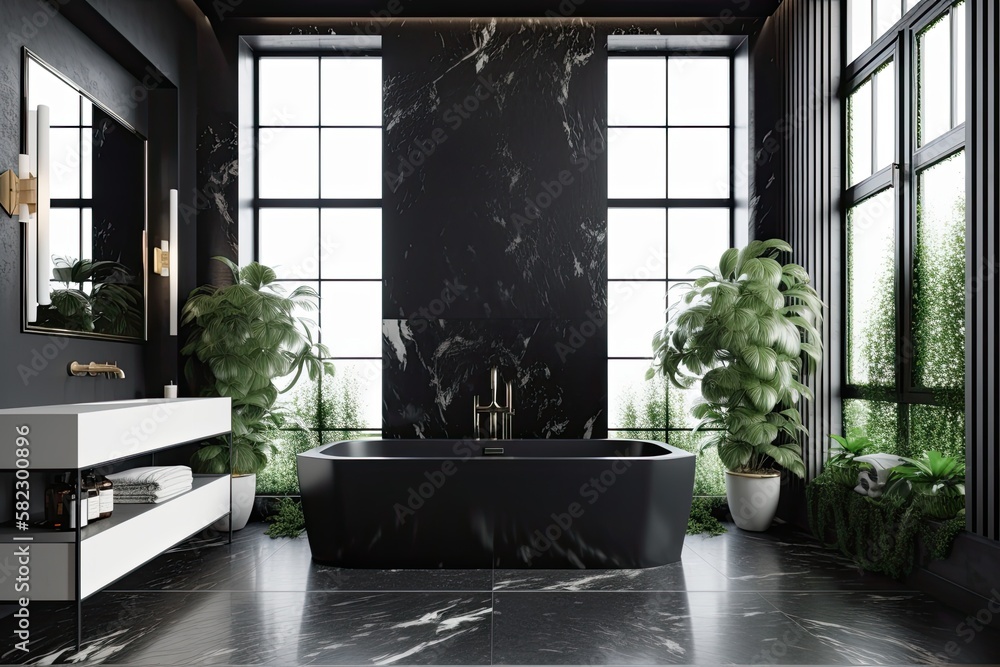 Stylish, opulent black bathroom with bathtub, plant, black marble tile ...