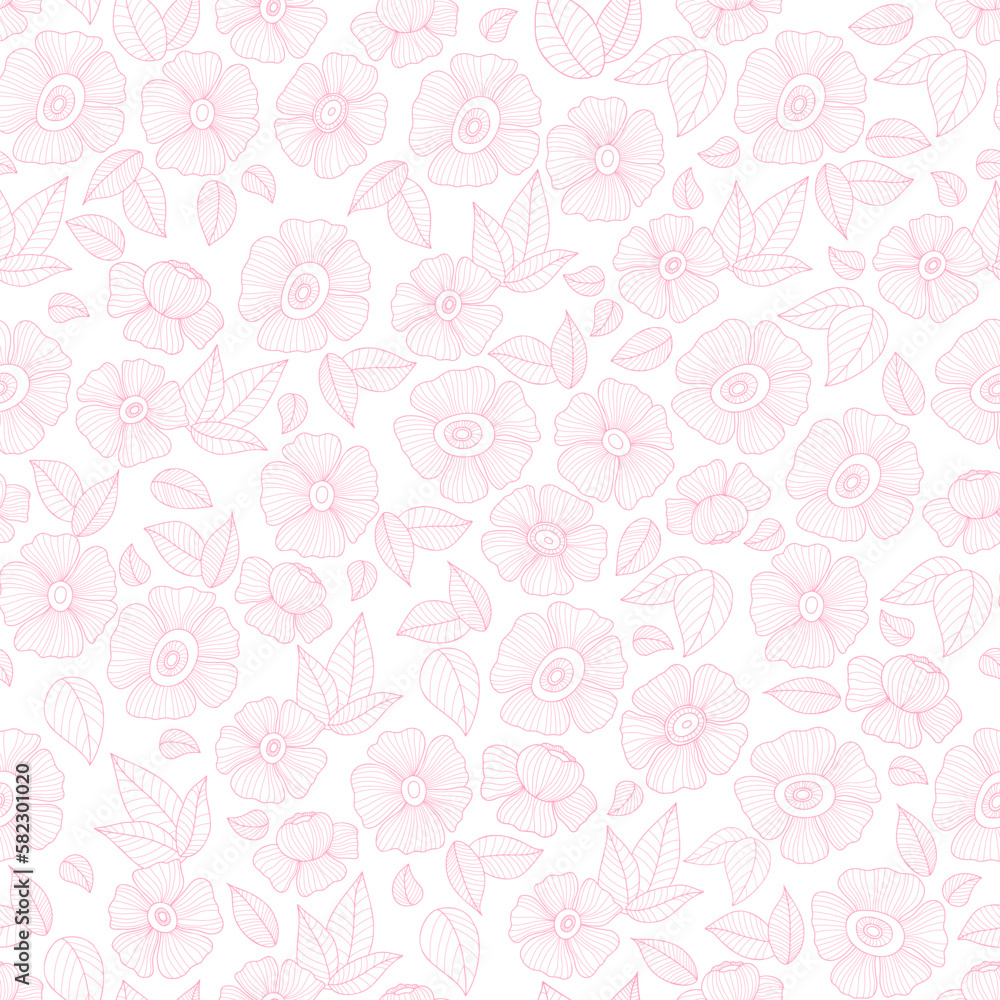 Floral seamless pattern with linear pink groovy daisy flower on transparent background. Vector Illustration. Aesthetic modern art hand drawn for wallpaper, design, textile, packaging, decor.