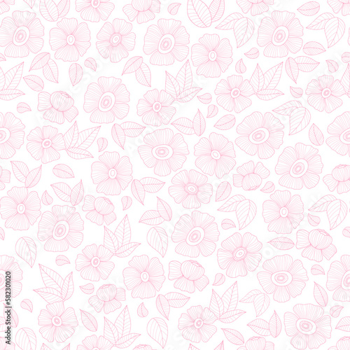 Floral seamless pattern with linear pink groovy daisy flower on transparent background. Vector Illustration. Aesthetic modern art hand drawn for wallpaper, design, textile, packaging, decor.