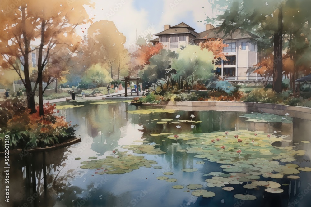 The tranquil pond in the watercolor painting. Generative AI
