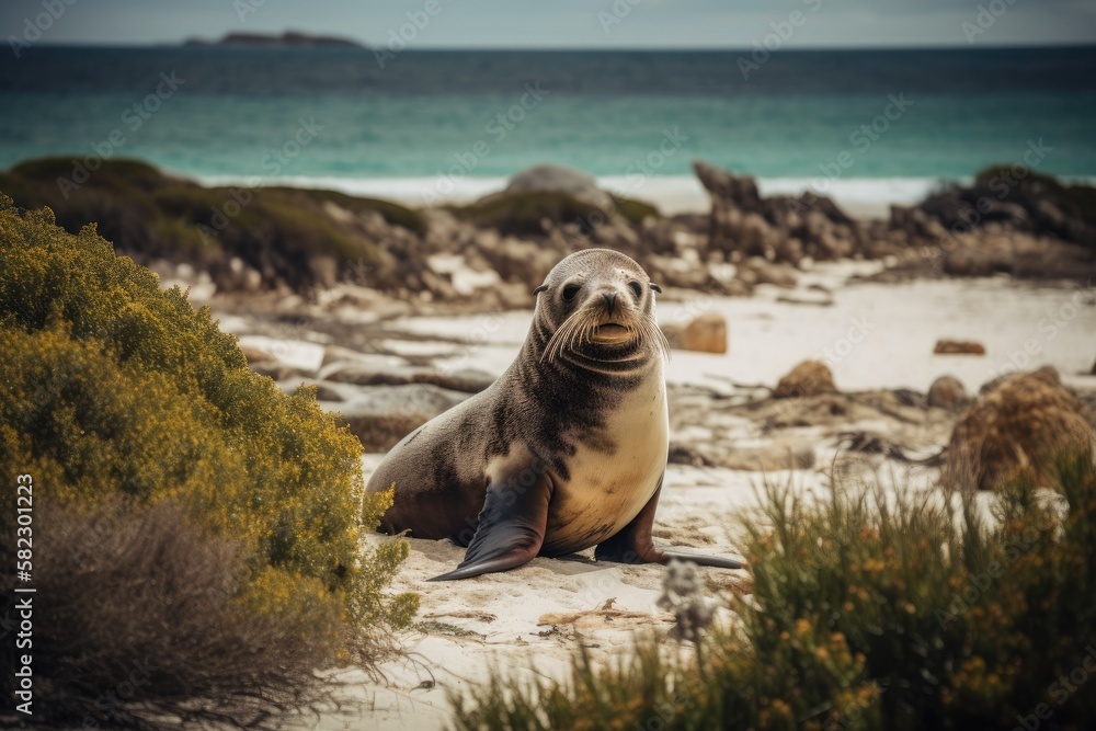 Fototapeta premium Kangaroo Island, Australia's Seal Bay, home to an Australian sea lion. Generative AI