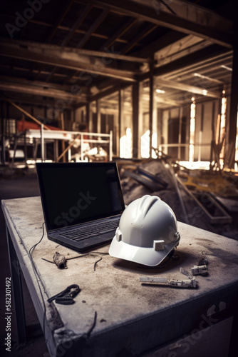 Capacete de proteção Equipamentos de segurança e trabalho da construção civil operários operário engenheiro arquiteto prédio no meio da obra da construção IA Generativa photo