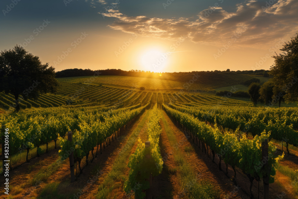 Vineyard with rows of trees at sunset created with AI	