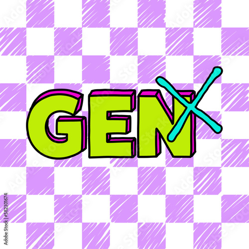 GEN X Cartoon retro 1980's logo with purple checkered background