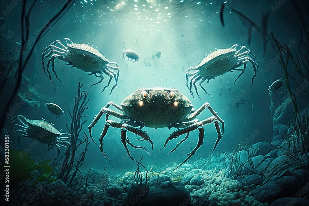 Japanese Spider Crab Fish Underwater Lush Nature by Generative AI Stock