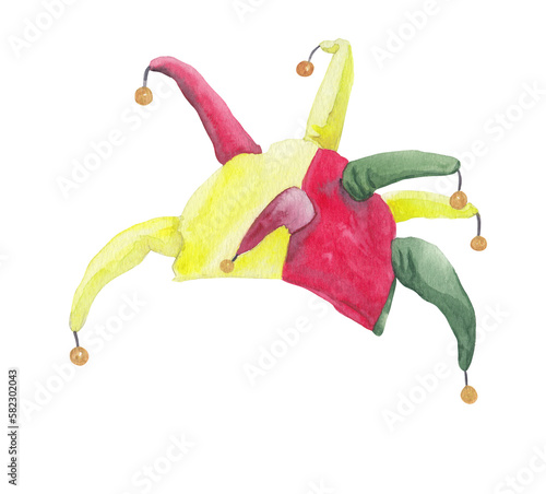 Clown's hat with bells Harlequine hat April fool's day design element Circus Watercolor hand painted illustration