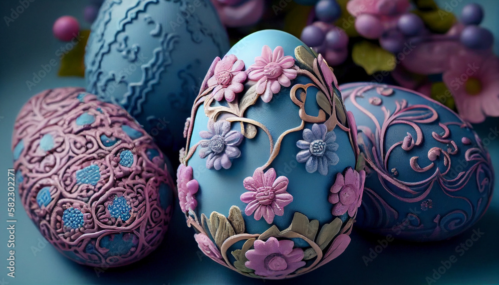 Painted Easter eggs on the table. Generative AI Painted Easter eggs on the table. Generative AI