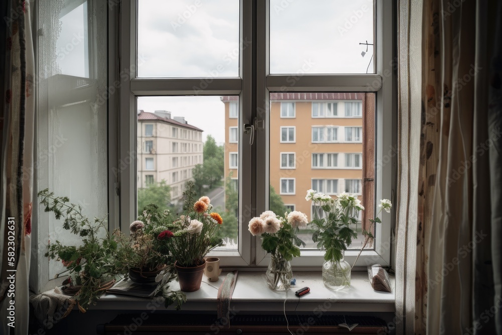Interior of the middle class apartment in the Kaliningrad city. View through the window. The neighboring house is visible in the window. Artificial flower, keys on the windowsill. Minimalist concept Interior of the middle class apartment in the Kaliningrad city. View through the window. The neighboring house is visible in the window. Artificial flower, keys on the windowsill. Minimalist concept