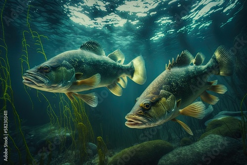 Walleye Fish Underwater Lush Nature by Generative AI photo