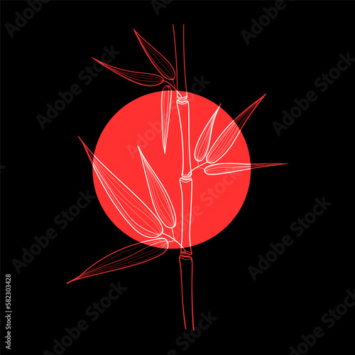 Design with Bamboo stem with leaves on coral red circle and black background. Botanical hand drawn illustration