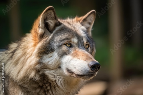 Beautiful wolf portrait taken in a zoo setting. Generative AI