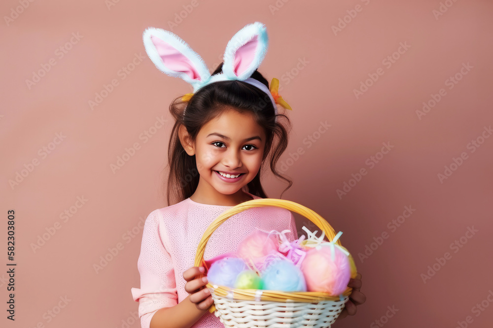 Latin dark-skinned kid wearing bunny ears and smiling brightly, capturing the joyful spirit of Easter.
Festive atmosphere.