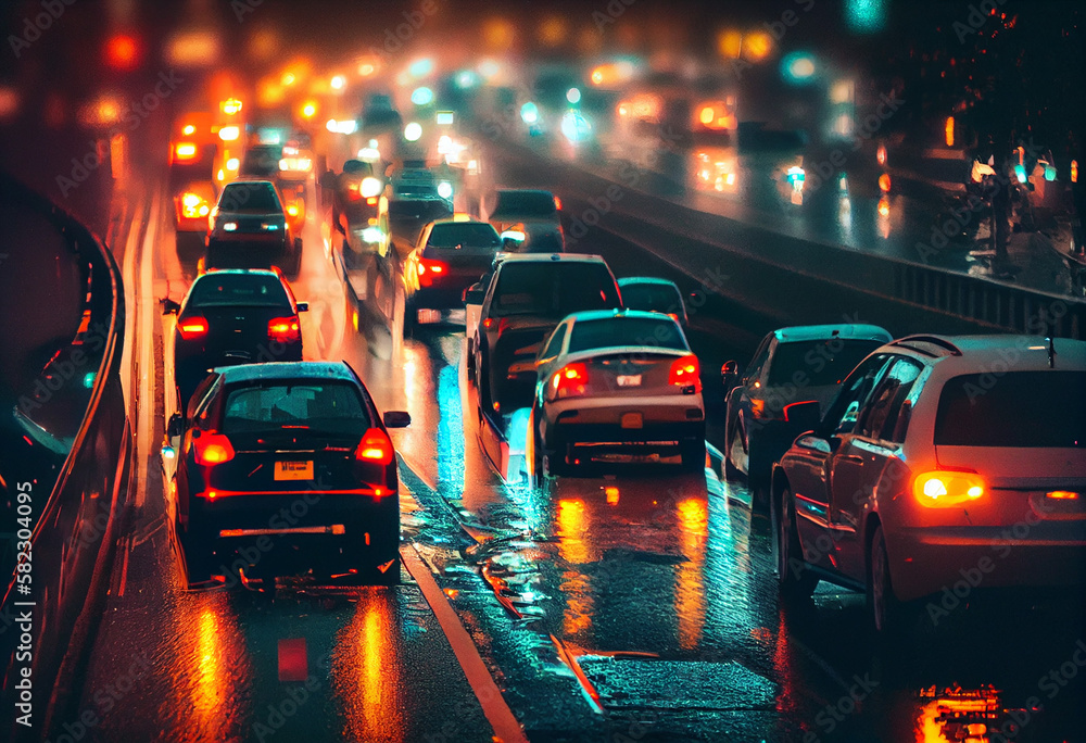 Traffic on the city streets at night, automobiles flashing in the rain, snarled lanes of rush hour on the highway in the dead of night. Generative AI