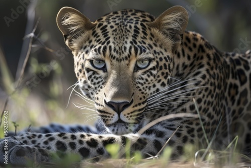 A female leopard lying in the grass up close in South Africa's Kruger National Park. Generative AI