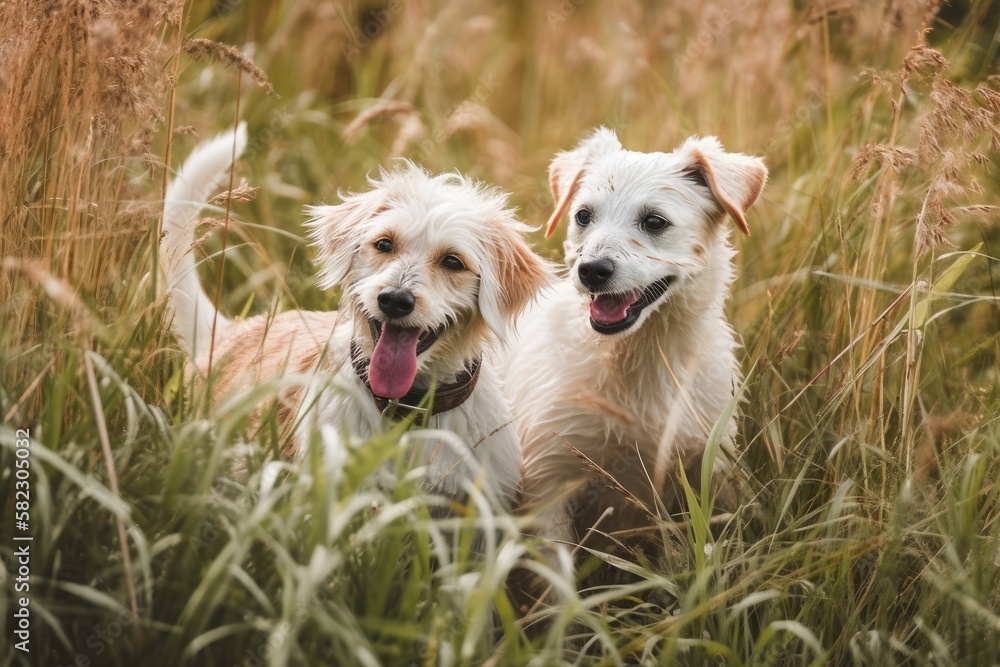 Dogs playing together in tall grass. Generative AI