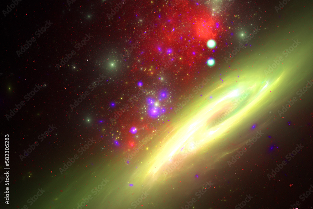 Obraz premium Yellow red clouds of stardust in black space. Abstract fractal 3D rendering