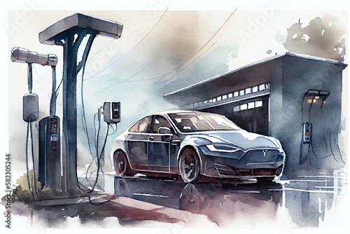 Watercolor Illustration of a Refueling For Cars EMobility. Charging An Electric Car At Hybrid Engine Gasoline And Electricity Repair Shop Service Garage. Generative AI