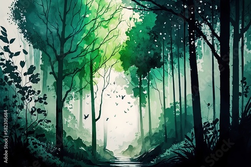 Watercolor Green Forest. Generative AI 