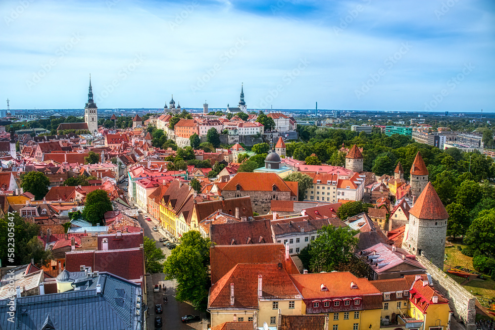 Fototapeta premium View of the Old City of Tallinn, Estonia, as Seen from the Tower of St Olaf’s Church towards Toompea