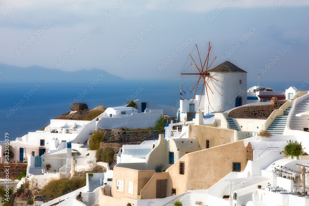 Famous Windmill in the Beautiful Village of Oia on Santorini, Greece