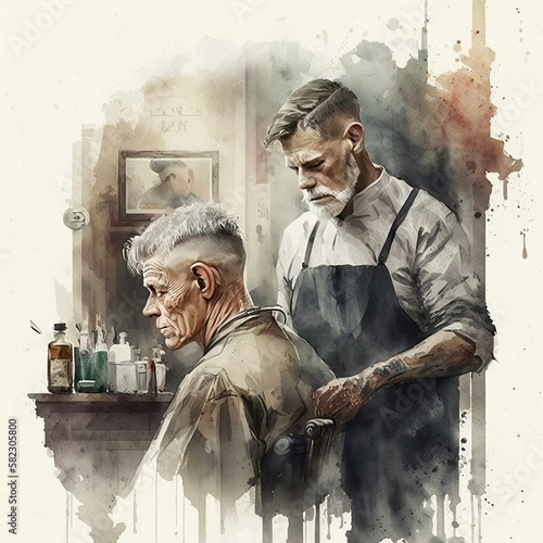 Creative Watercolor Illustration Barber Man Men