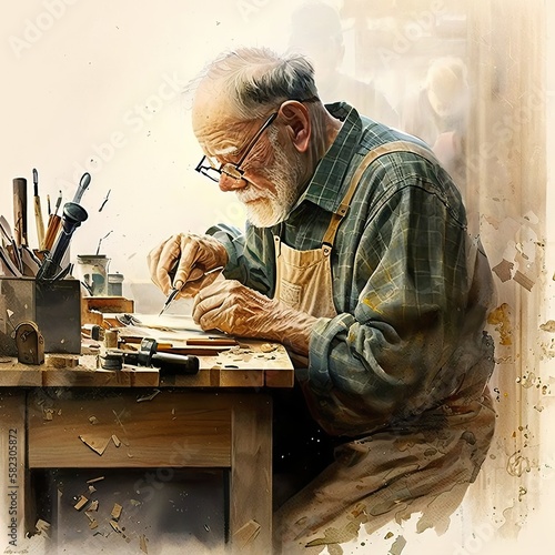 Creative Watercolor Illustration Man Woodworking