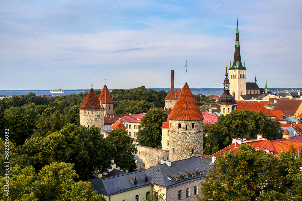 View of the Old City of Tallinn, Estonia, with City Wall Towers and St Olaf’s Church, as Seen from Toompea