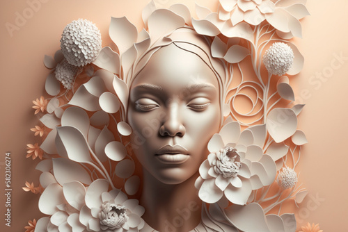Generative ai 3d woman abstract floral background, paper cut art, botanical pattern.