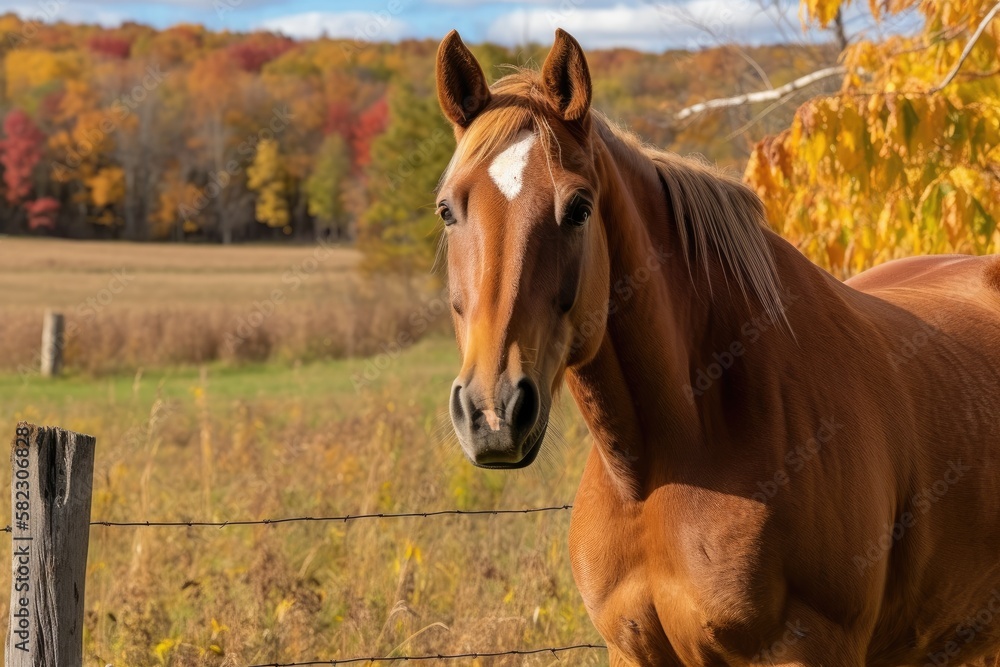 Fototapeta premium Work horse on pasture, Wisconsin scene. Generative AI