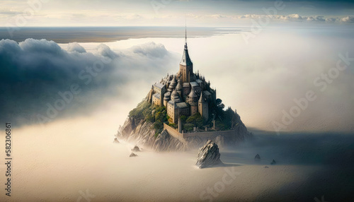 aerial view of the Mont Saint Michel shrouded in mist, with the spire of the abbey peeking through the clouds - Generative AI