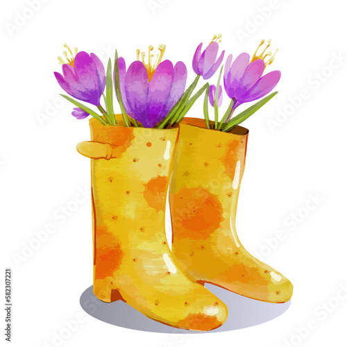 Yellow Galoshes with Purple Crocus Flowers. Vector Illustration in Watercolor