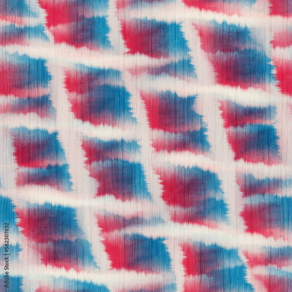Beige, Blue and Red Tie-Dye Effect Textured Checked Pattern