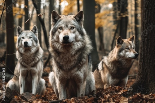 Wolves in the woods. Generative AI © AkuAku