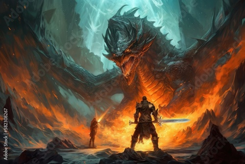 A warrior facing a lava dragon amid the flames while standing and wielding a frost spear is shown in this digital art illustration painting. Generative AI