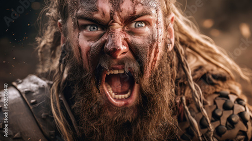 A fictional person,Unleashing the Primal Fury: A Formidable Viking Warrior in Battle, Generative AI © Kaare