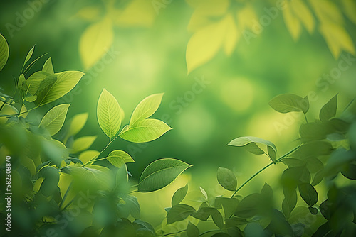 Natural springtime background of green branches with sunlight. Fresh leaves of spring background. 3D realistic illustration. Based on Generative AI
