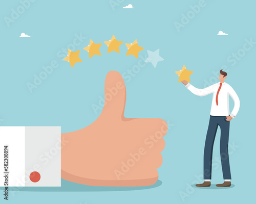 Five-star rating, positive feedback on product quality and service, excellent service, user satisfaction rating, marketing, a man stands near a big hand, shows a thumbs up and puts 5 stars.