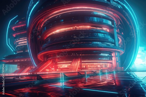 Technology illustration in the abstract. futuristic science fiction building with high tech circle gate with red light trail. Generative AI © AkuAku