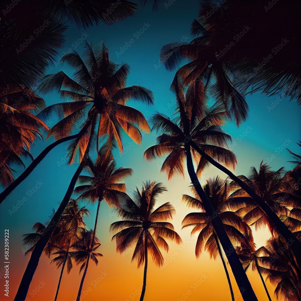 Palm trees at sunset light. Silhouette coconut palm trees on beach at sunset. Vintage tone. Vintge Palm Trees Vintage - clear summer skies. ai generative