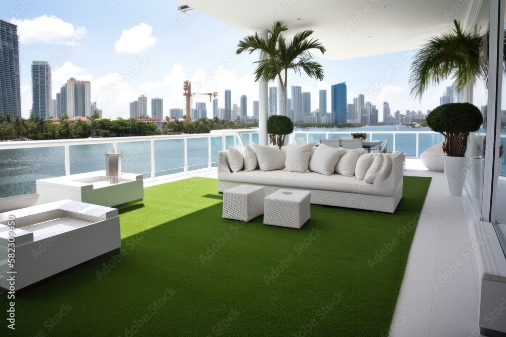 Fototapeta premium Artificial grass covered balcony with views of Miami Bay, white sofas, tables, and seats; palm trees; and skyscrapers in the distance. Generative AI