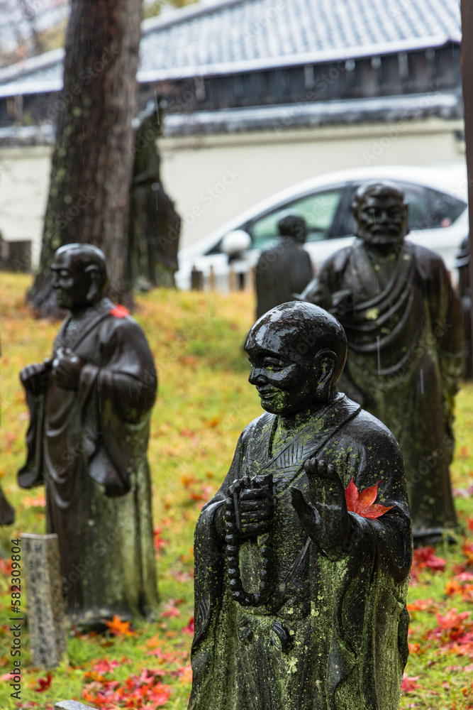 Naklejka premium 日本 京都府京都市の嵐山羅漢にある雨に濡れた羅漢像と紅葉